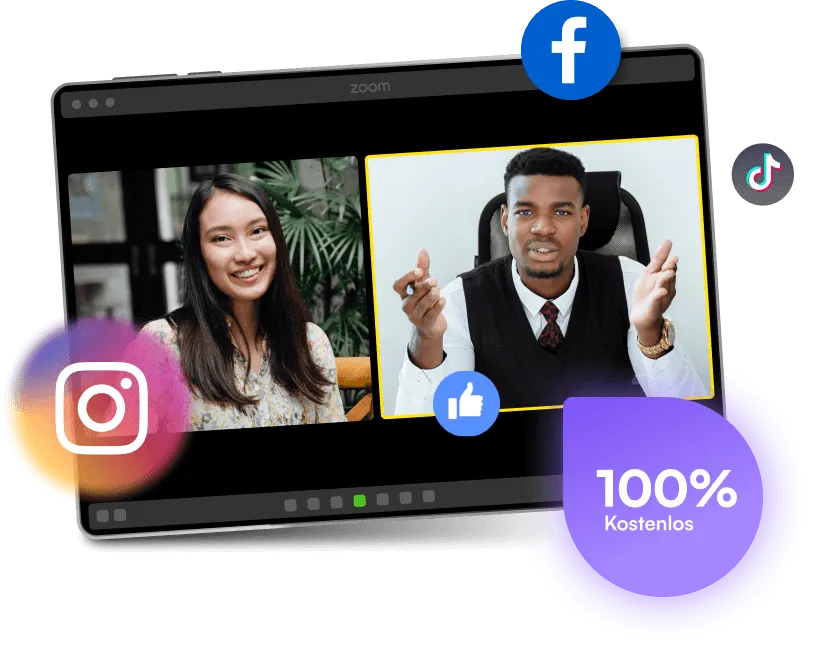Video-Call zur Potenzialanalyse, umgeben von Social-Media-Kanälen und einem 100-%-kostenlos-Siegel
