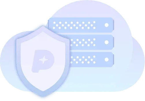 Serverschrank in einer Cloud, geschützt von einem Schild mit dem PlusPublish-Zeichen